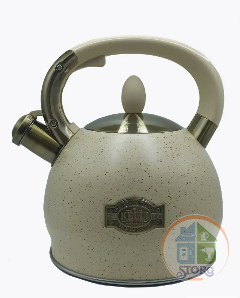 Чайник металлический на газ KELLI KL-4555 (Кремовый; Объем 3л; Нержавеющая сталь;  Со свистком)