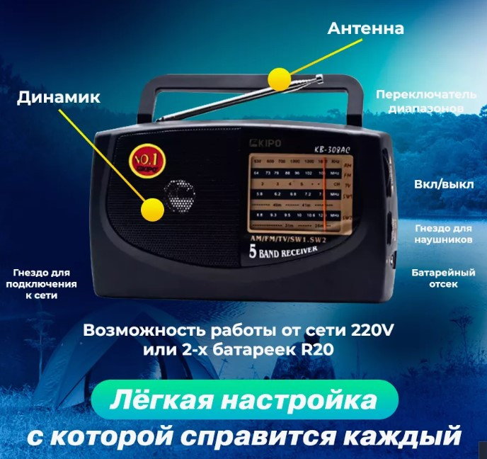 Радиоприемник KIPO-HAIRUN KB-308 ORIGINAL NEW, 198х110х59мм, FM, УКВ, СВ, КВ, от сети и бат.R20, AUX