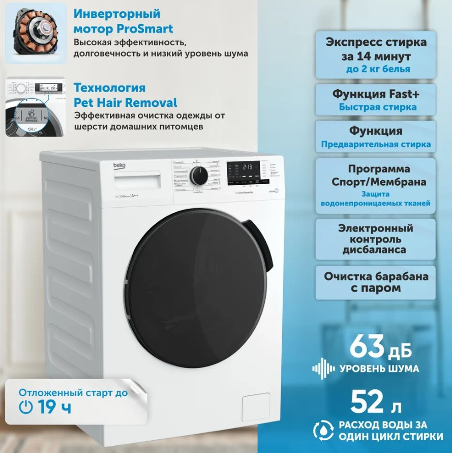 Стиральная машина Beko RSPE78612W, Белый, 7кг, инверторный мотор, пар SteamCure, 15 реж., 84х60х49 Стиральная машина Beko RSPE78612W, Белый, 7кг, инверторный мотор, пар SteamCure, 15 реж., 84х60х49