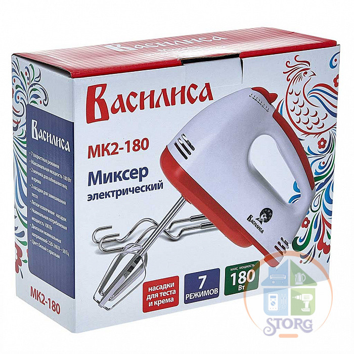 Миксер ручной ВАСИЛИСА МК2-180, белый с красным, 180 Вт, 7 скоростных режимов