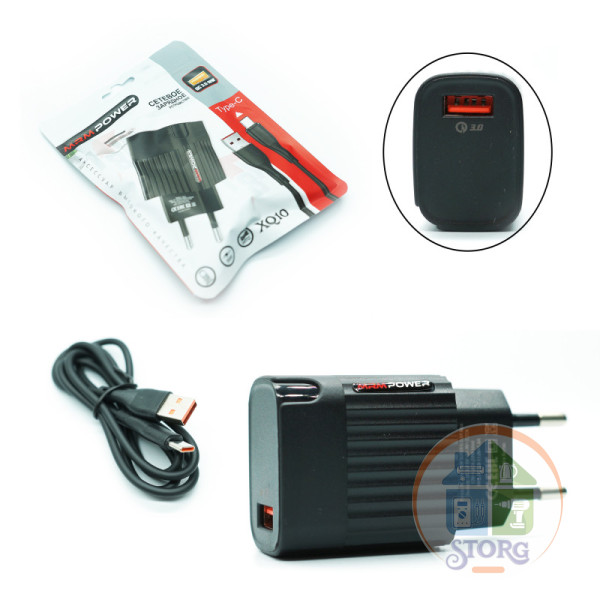 СЗУ MRM XQ10 QC3.0 5V/3.1A 18W 1USB + кабель Type-C 1м Black