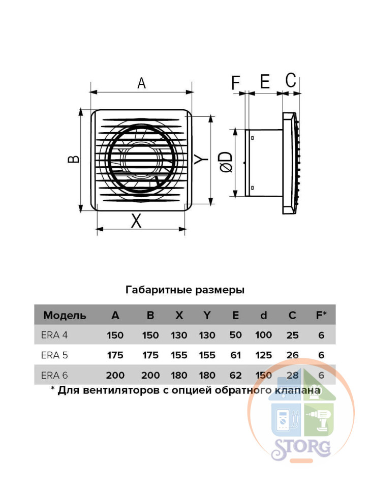 Вентилятор вытяжной ERA 4, D 100 ERA, 150х150мм