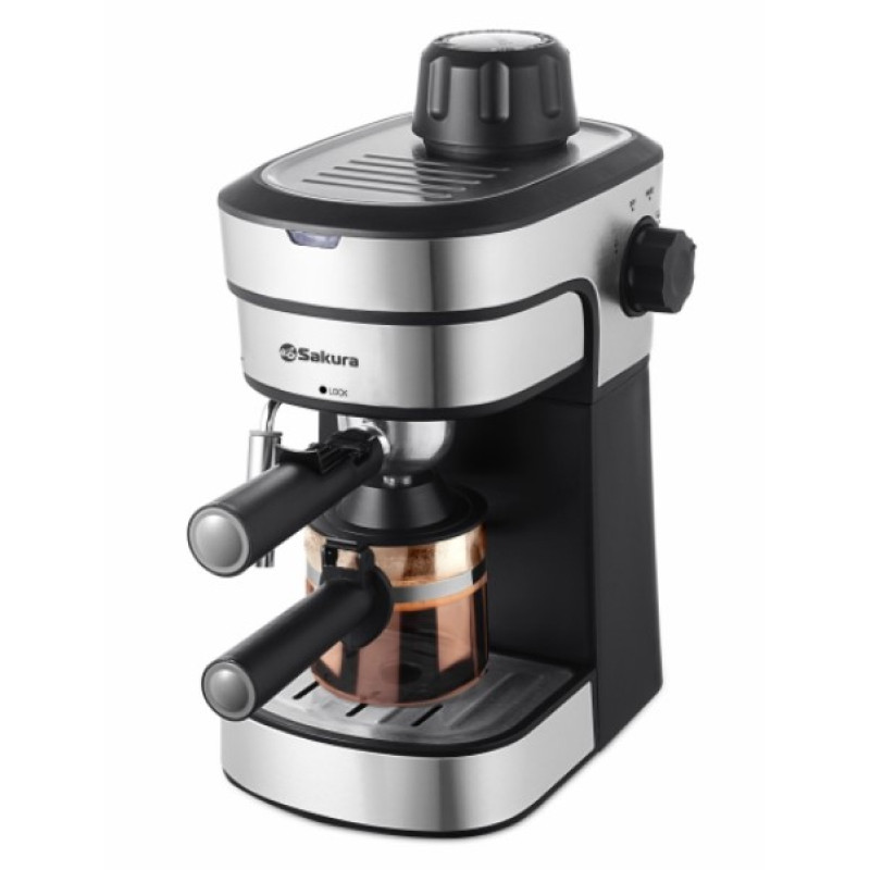 Кофеварка рожковая SAKURA SA-6121, 0.25л, 4бар, 800Вт, Черный/Серебряный