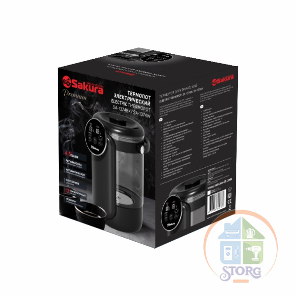 Термопот SAKURA SA-1374BK Premium (Черный, 4.5л, стеклянные, LCD сенсор, 13 темп.реж, замок, таймер)