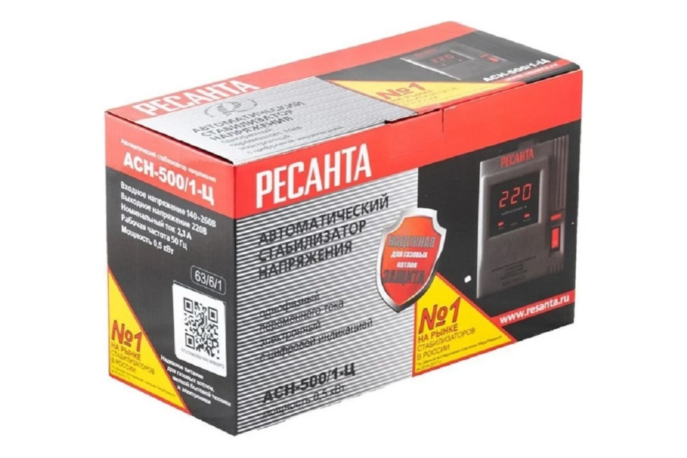 Стабилизатор напряжения релейный Ресанта АСН-500/1-Ц 63/6/1 (500ВА, 140-260В, 12 мес гарантия)