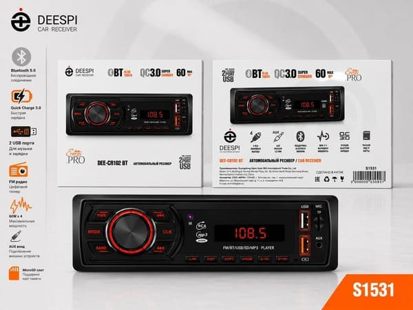 Автомагнитола DEESPI DEE-CR102BT, 1 DIN, 2USB/BT/TF/FM/ISO/4RCA