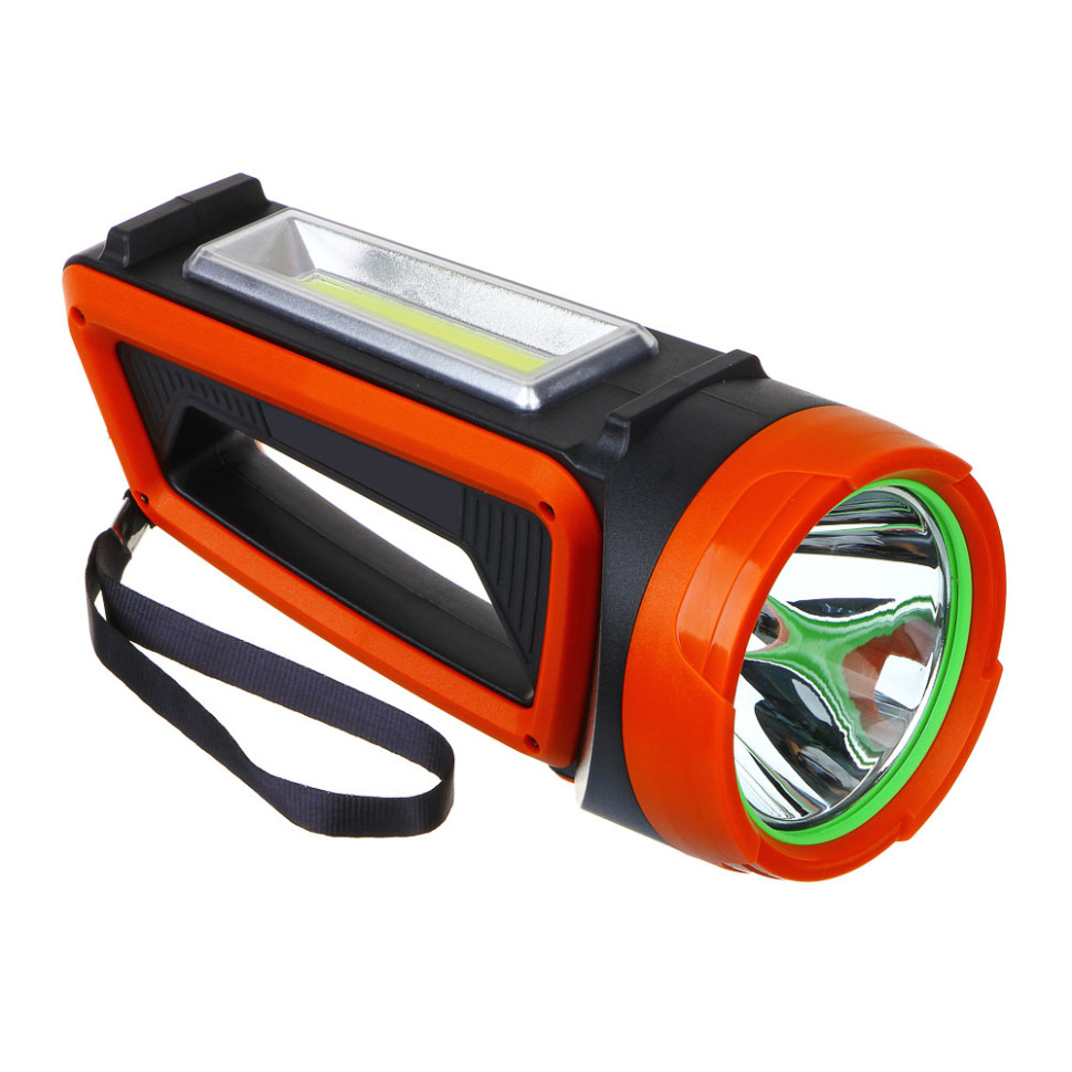 Фонарь-прожектор ручной светодиодный ЕРМАК, LED + COB, 6реж., 2400мАч, USB кабель, 9х9х20см, пластик
